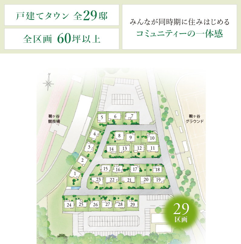 戸建てタウン全29邸　全区画60坪以上　みんなが同時期に住みはじめるコミュニティーの一体感