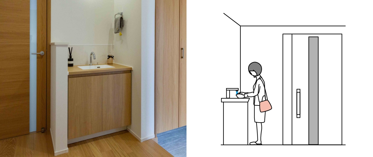 リビングに入る前に手指洗浄できる玄関の手洗い器