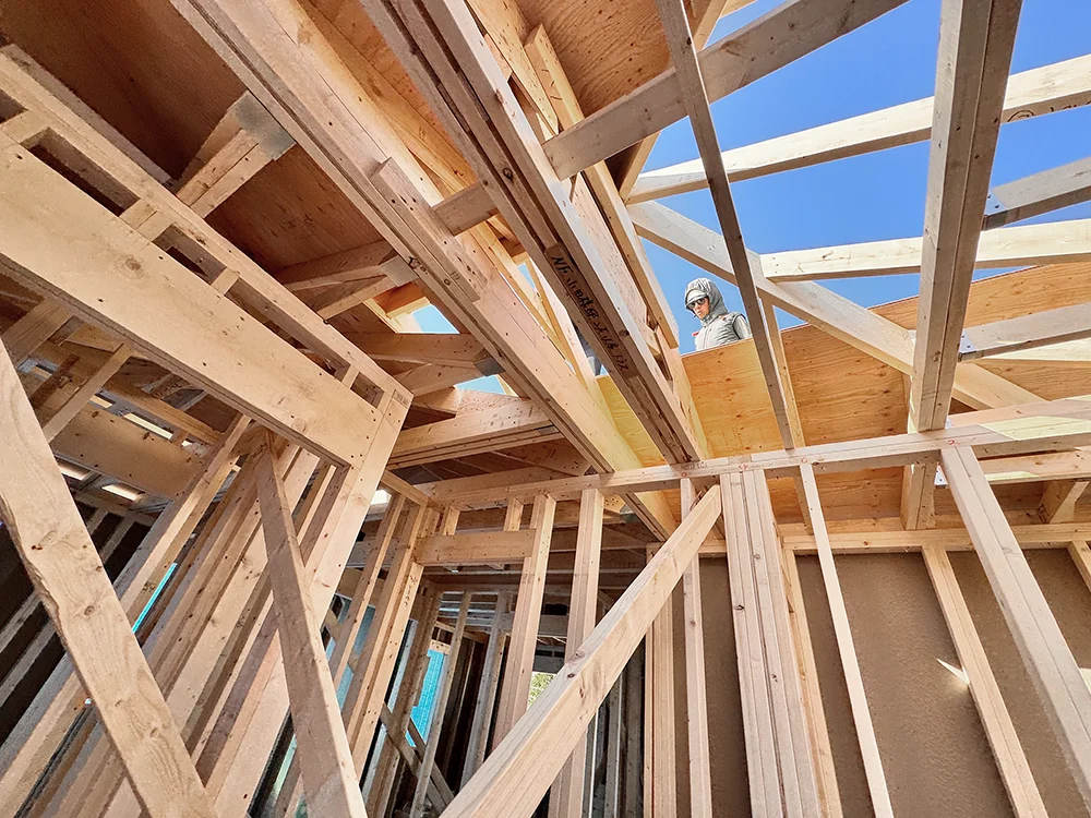 室内から見上げた小屋組みと屋根下地